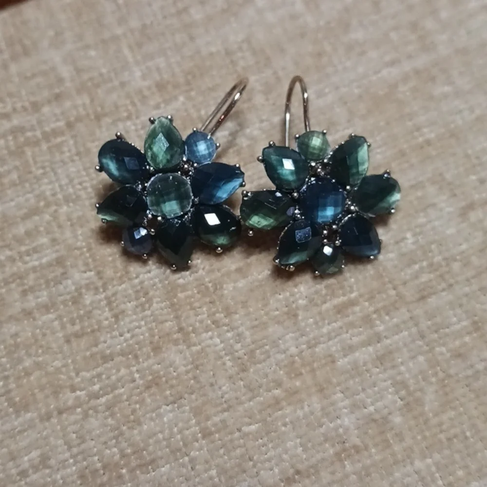 Liz Claiborne Gold Tone Blue/Green Rhinestone Flower Drop Earrings